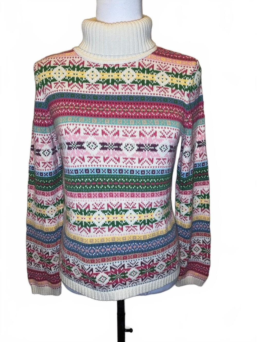 Vintage S Cream Pastel Fair Isle Turtleneck Sweater Cotton Cottagecore Apres Ski